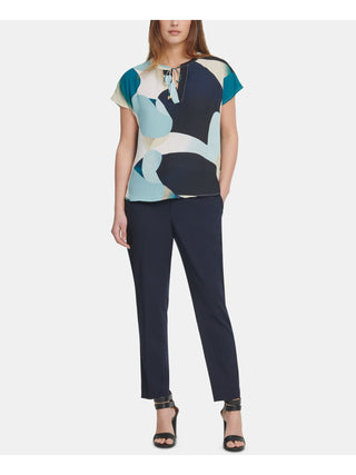 DKNY Women's Printed Short Sleeve V Neck Top Blue Size Large