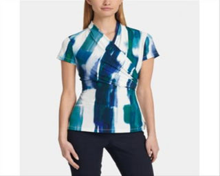 DKNY Women's Printed Short Sleeve V Neck Top Blue Size Large