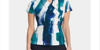 DKNY Women's Printed Short Sleeve V Neck Top Blue Size Large