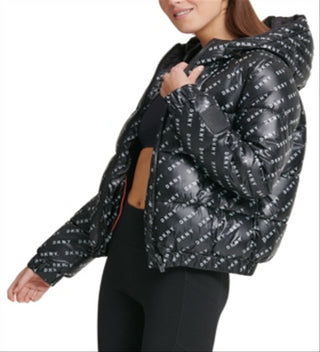 DKNY Women's Logo Print Hooded Jacket Black Size X-Large