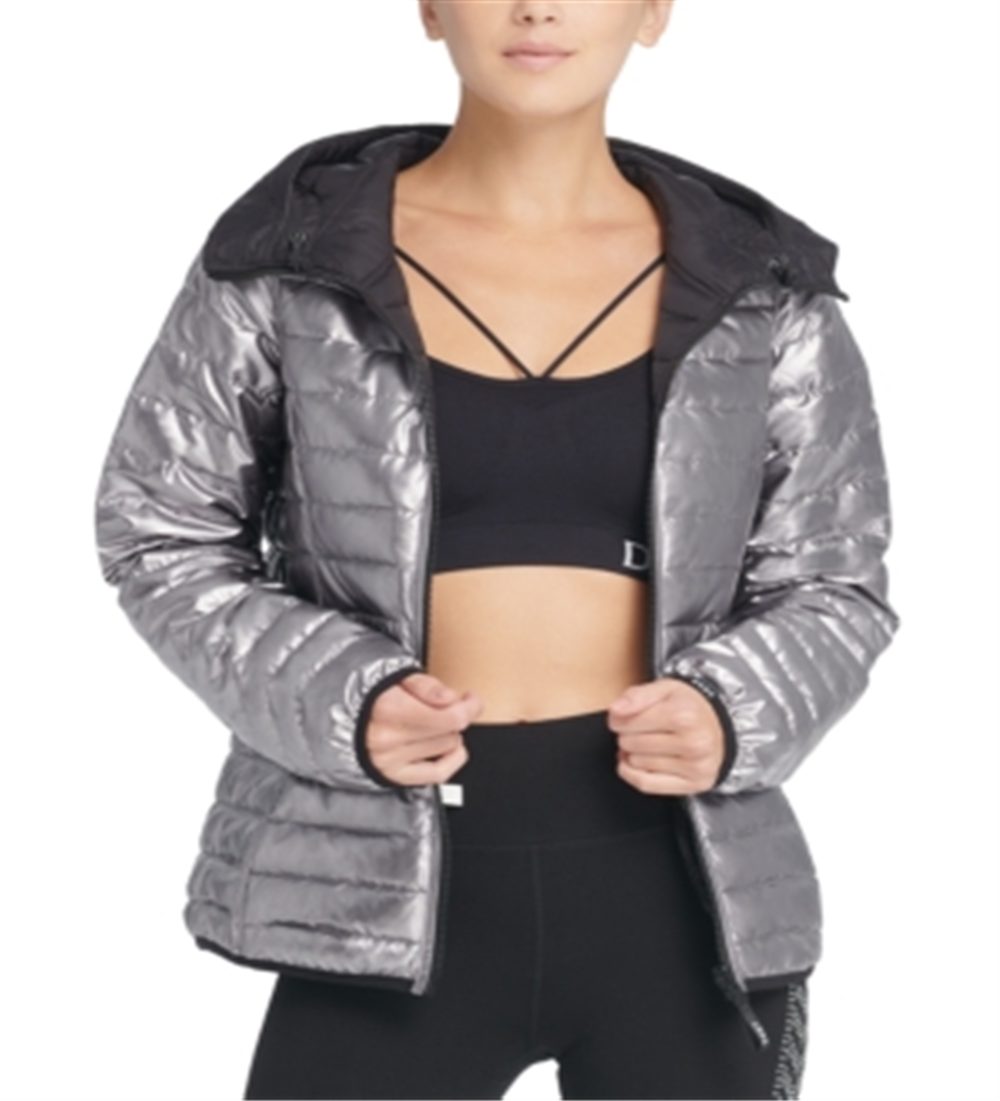 DKNY Women's Sport Reversible Packable Hooded Jacket Gray Size X-Large