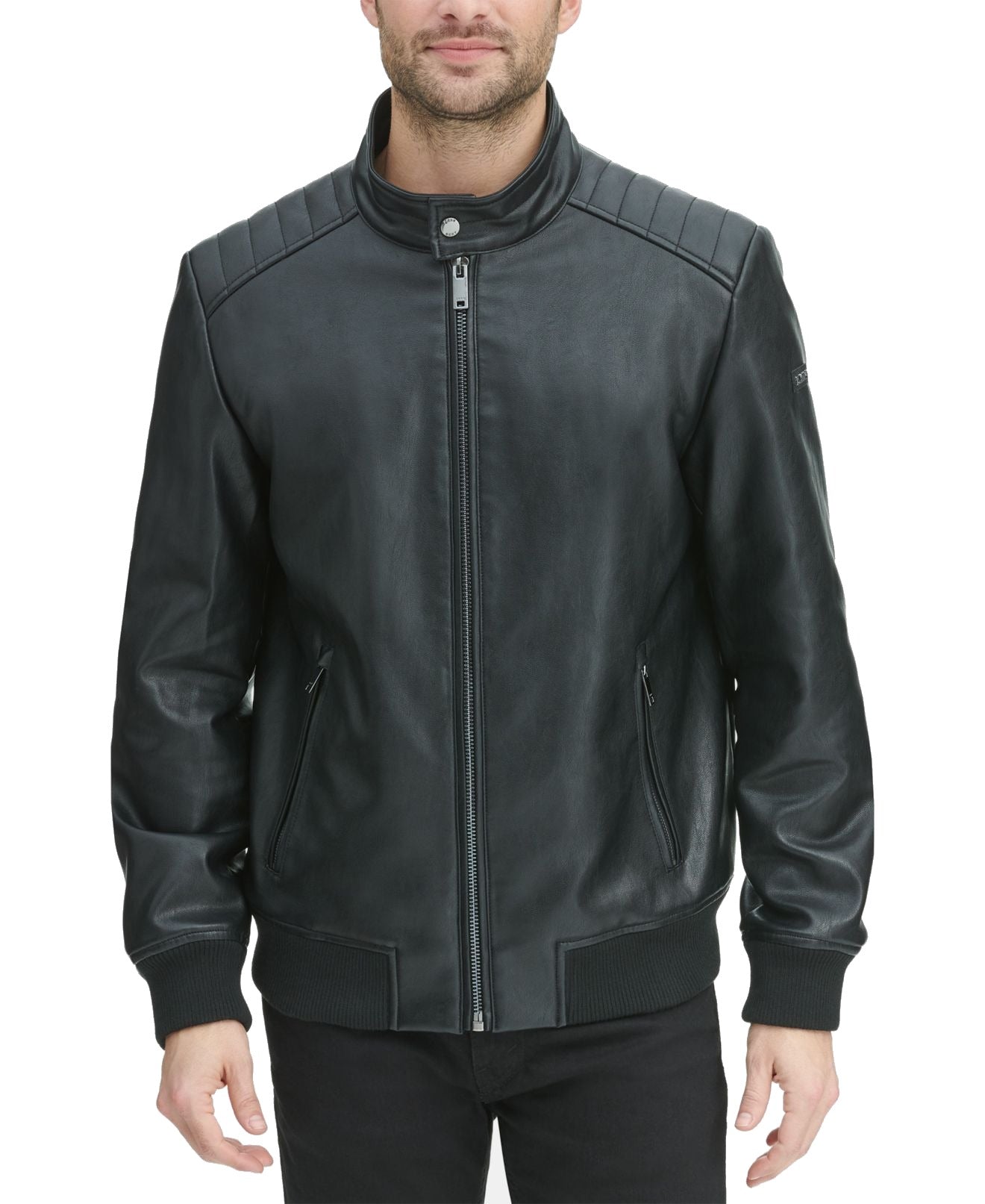 DKNY Men's Motorcycle Faux Leather Quilted Lined Jacket Black Size X-Large