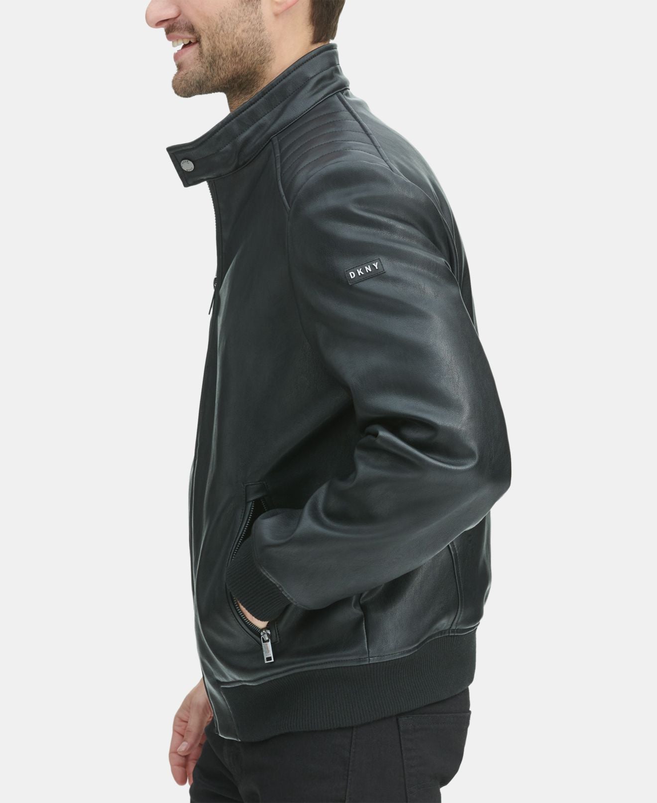 DKNY Men's Motorcycle Faux Leather Quilted Lined Jacket Black Size X-Large