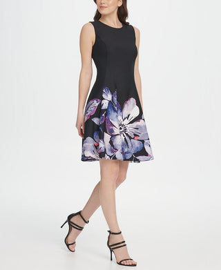 DKNY Women's Floral Scuba Fit & Flare Dress Black Size 6