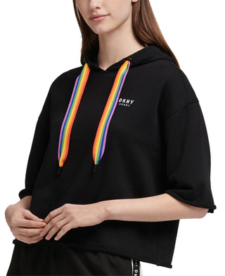 DKNY Women's Rainbow String Cropped Hoodie Black Size Medium