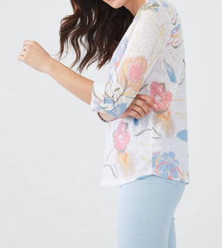Fdj - Floral Tab Up Three Quarter Sleeve Blouse