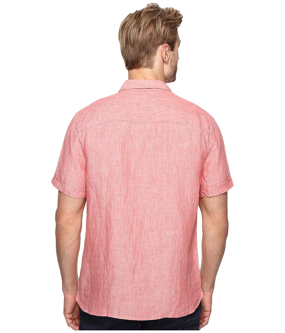 Perry Ellis Men's Short Sleeve Solid Linen Chambray Shirt Red Size Medium