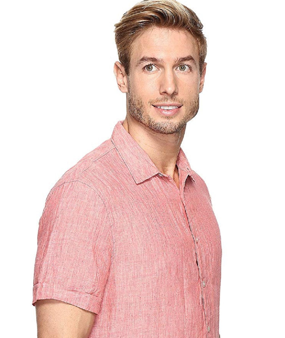 Perry Ellis Men's Short Sleeve Solid Linen Chambray Shirt Red Size Medium