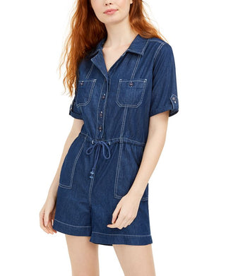 Dollhouse Women's Button Front Chambray Romper Blue- Size M