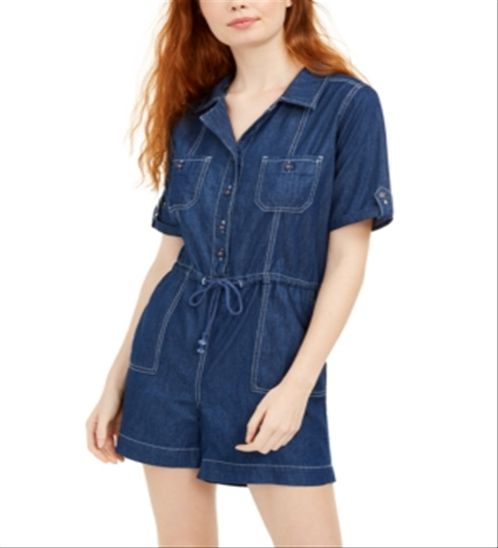Dollhouse Women's Button Front Chambray Romper Blue- Size M