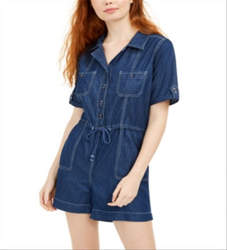 Dollhouse Women's Button Front Chambray Romper Blue- Size M