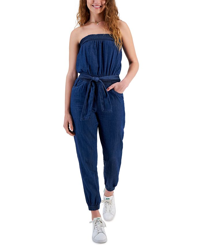 Dollhouse Junior's Denim Strapless Smocked Jumpsuit Blue Size Small