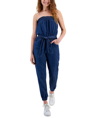 Dollhouse Juniors Denim Strapless Smocked Jumpsuit Blue Size Medium