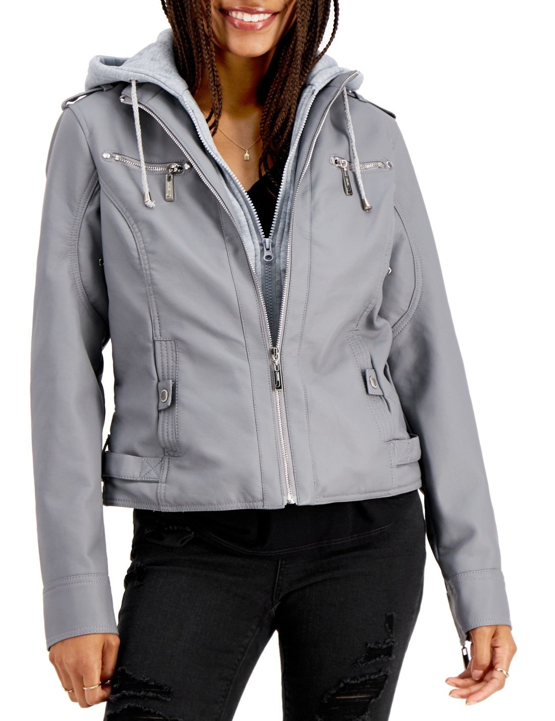 Jou Jou Junior's Hooded Faux Leather Moto Jacket Gray Size X-Large