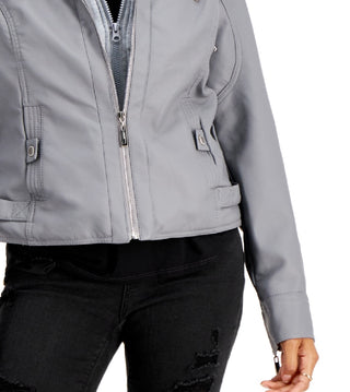 Jou Jou Junior's Hooded Faux Leather Moto Jacket Gray Size X-Large