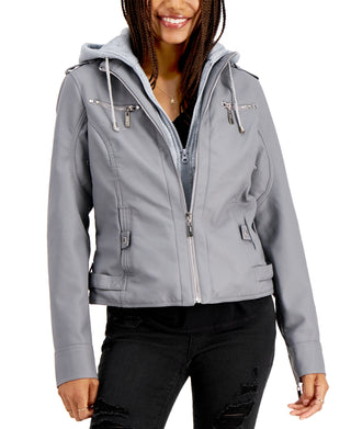 Jou Jou Junior's Hooded Faux Leather Moto Jacket Gray Size X-Large