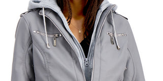 Jou Jou Junior's Hooded Faux Leather Moto Jacket Gray Size X-Large