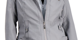 Jou Jou Junior's Hooded Faux Leather Moto Jacket Gray Size X-Large