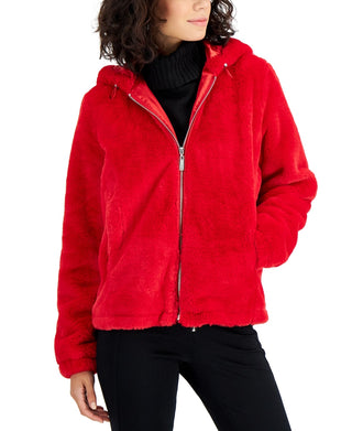 Jou Jou Junior's Hooded Faux Fur Coat Red Size Small