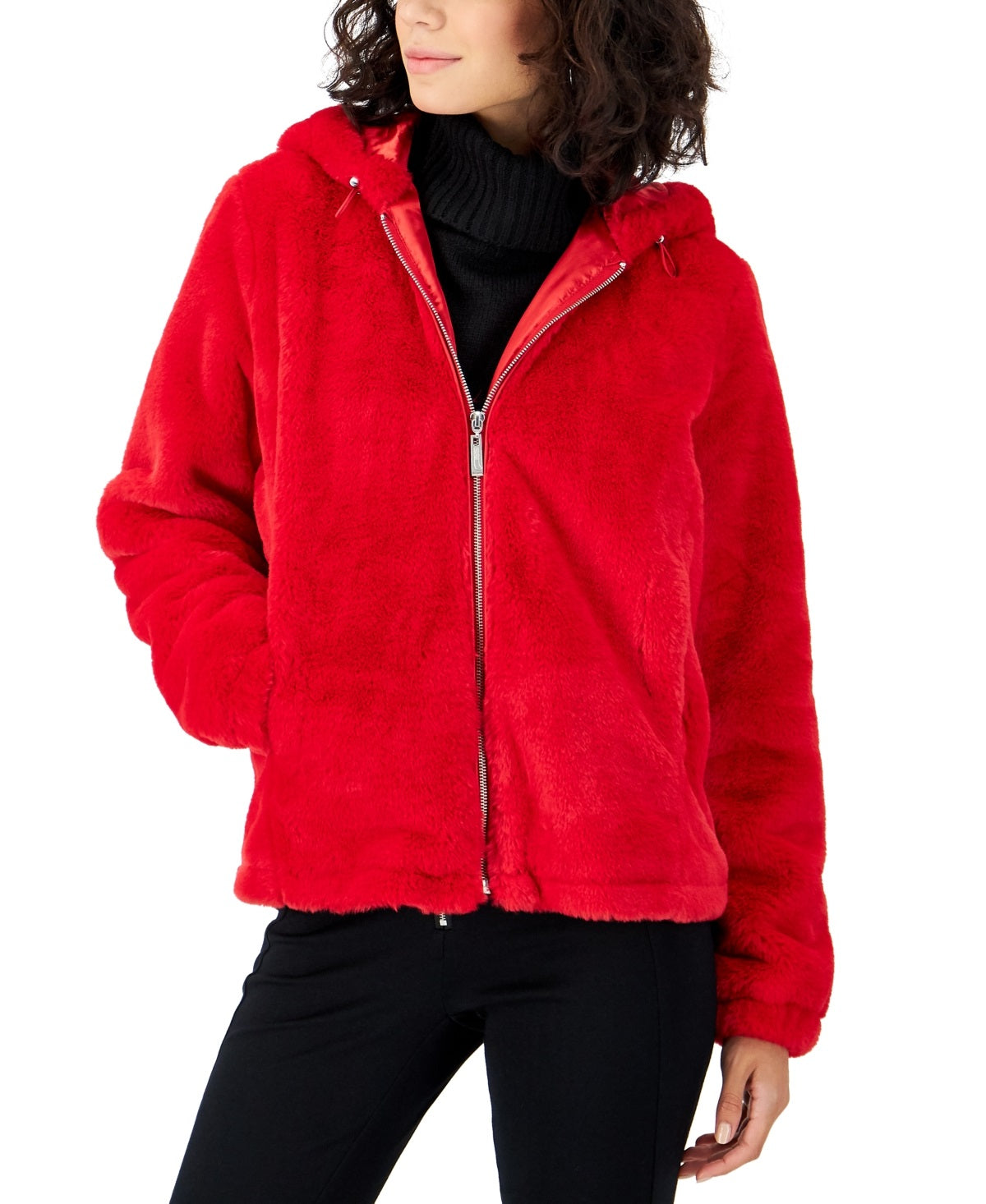 Jou Jou Junior's Hooded Faux Fur Coat Red Size Small