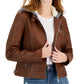 Jou Jou Junior's Faux Leather Hoodie Moto Jacket Brown Size Medium