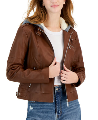 Jou Jou Junior's Faux Leather Hoodie Moto Jacket Brown Size Medium