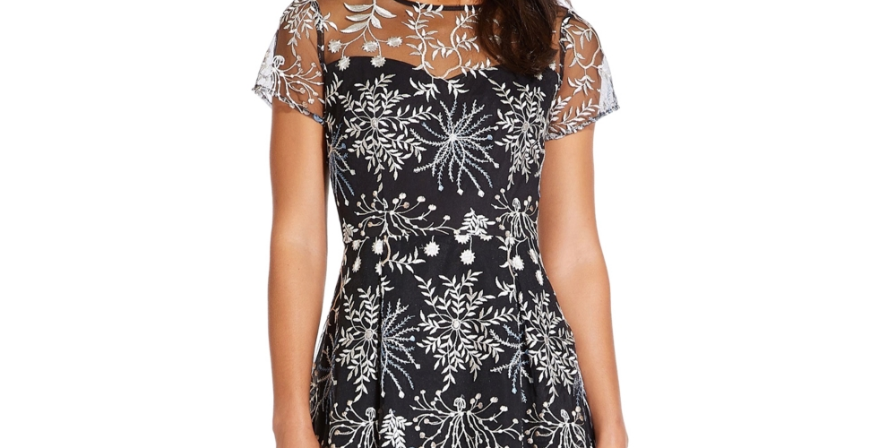 Adrianna Papell Women's Embroidered Illusion Neck Dress Blue Size 14