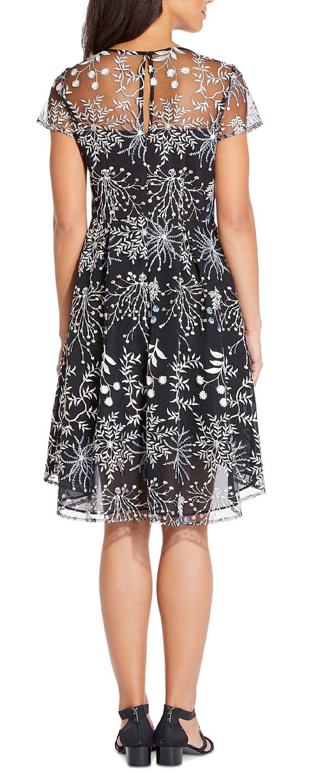 Adrianna Papell Women's Embroidered Illusion Neck Dress Blue Size 16