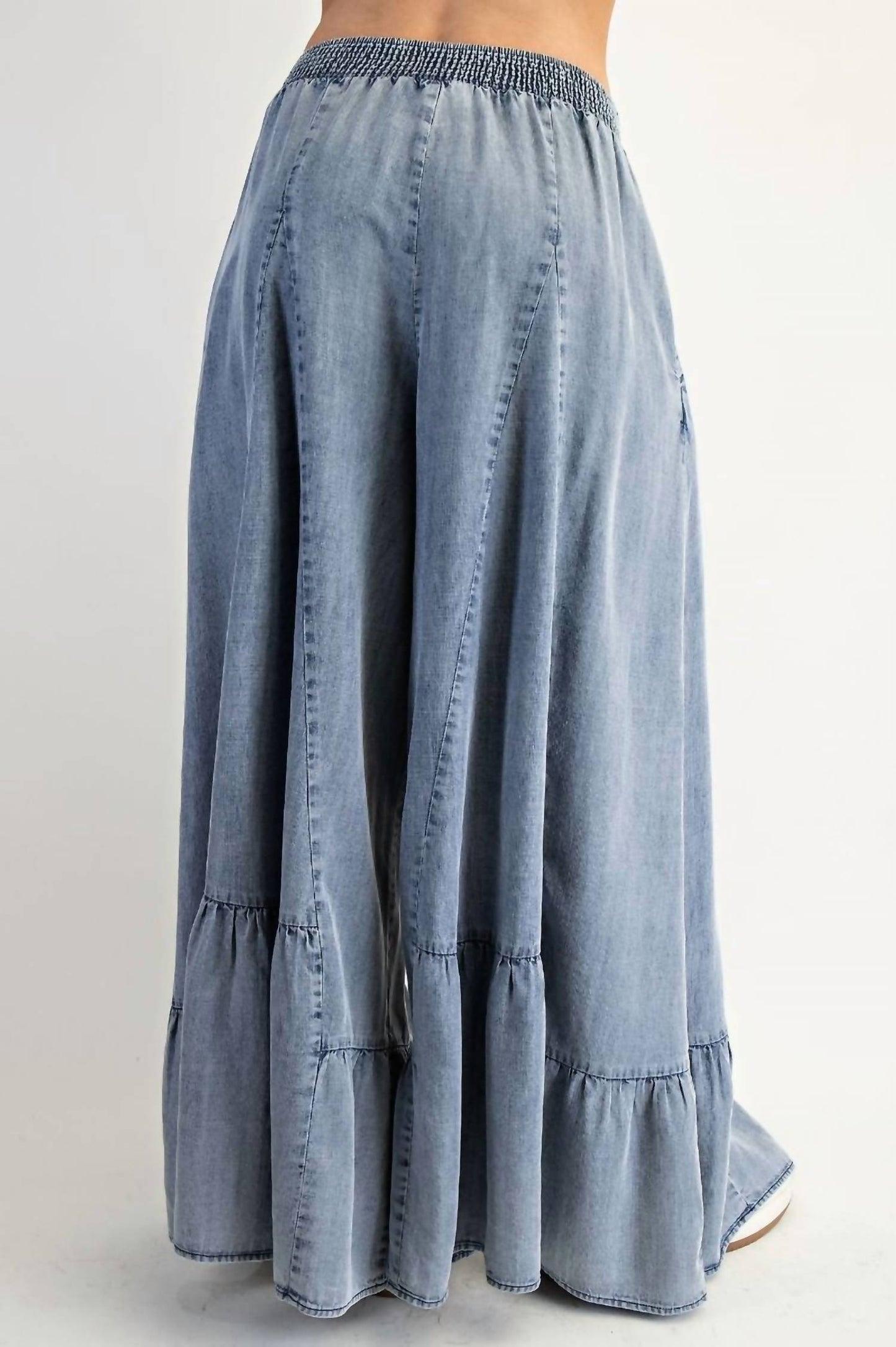 Easel - Ruffle Bottom Hem Washed Wide Leg Palazzo Pants