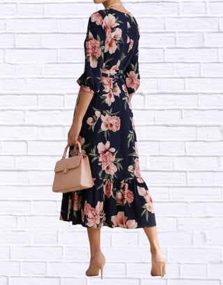 Diva Usa - Floral Midi Dress With Belt And Side Pockets