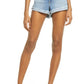 GOOD AMERICAN Womens Blue Stretch Zippered Pocketed Frayed Hem High Waist Shorts Juniors 15