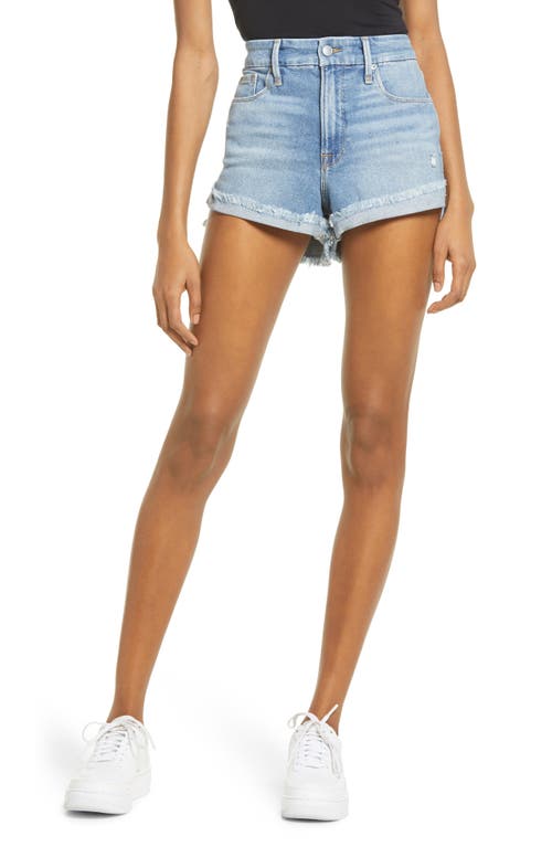 GOOD AMERICAN Womens Blue Stretch Zippered Pocketed Frayed Hem High Waist Shorts Juniors 15