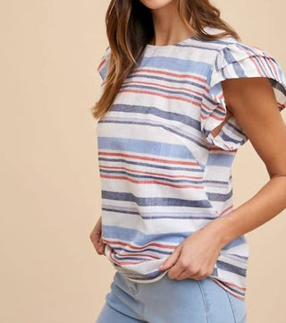 Anniewear - Stripe Ruffle Sleeve Top