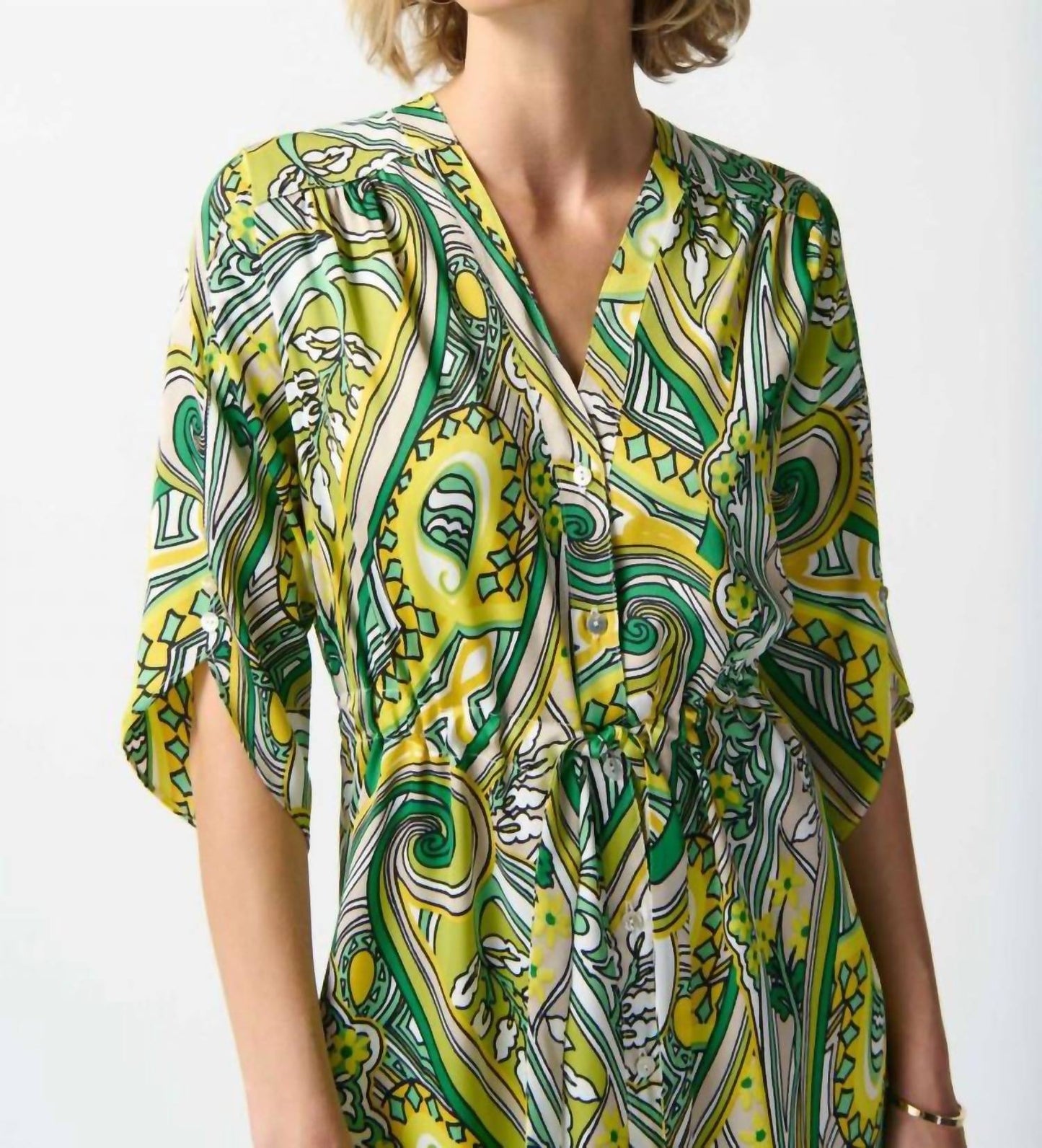Joseph Ribkoff - Paisley Print Waist Tie Satin Midi Shirt Dress