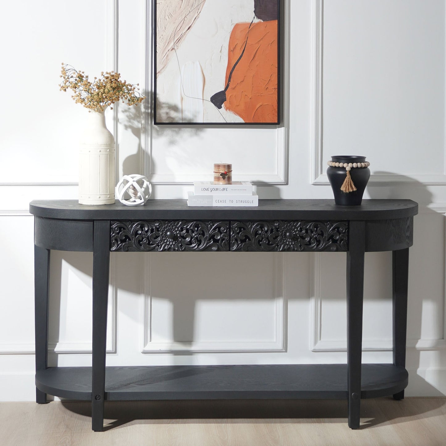 59.2in Black Carved Wooden Console Table with Lower Storage Shelf and Drawers