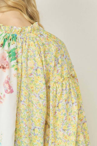 Entro - Floral Contrast Print V-Neck Blouse