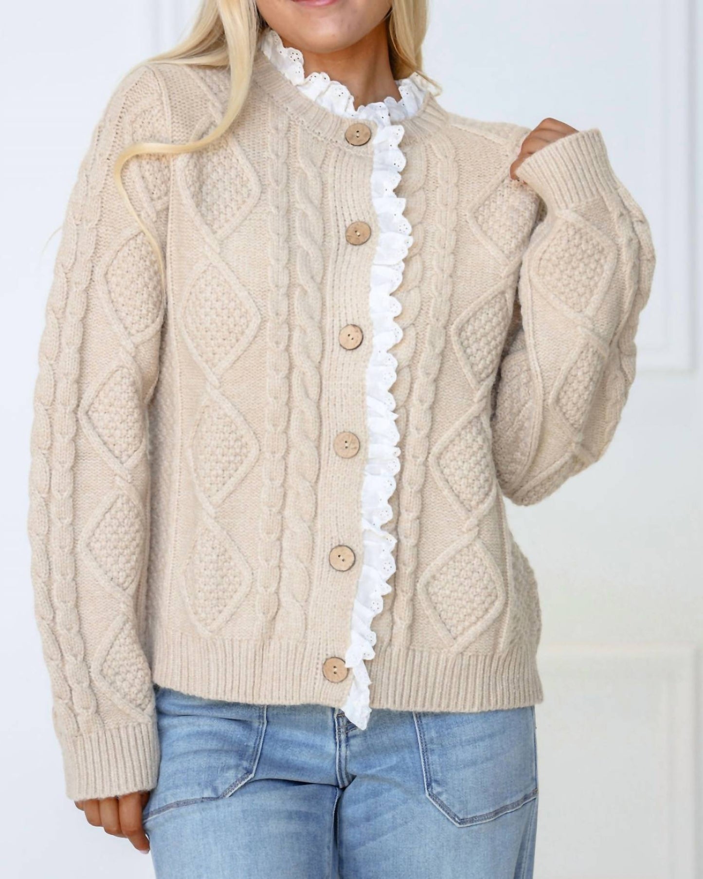 Aureum - Eyelet Trim Cable Knit Cardigan