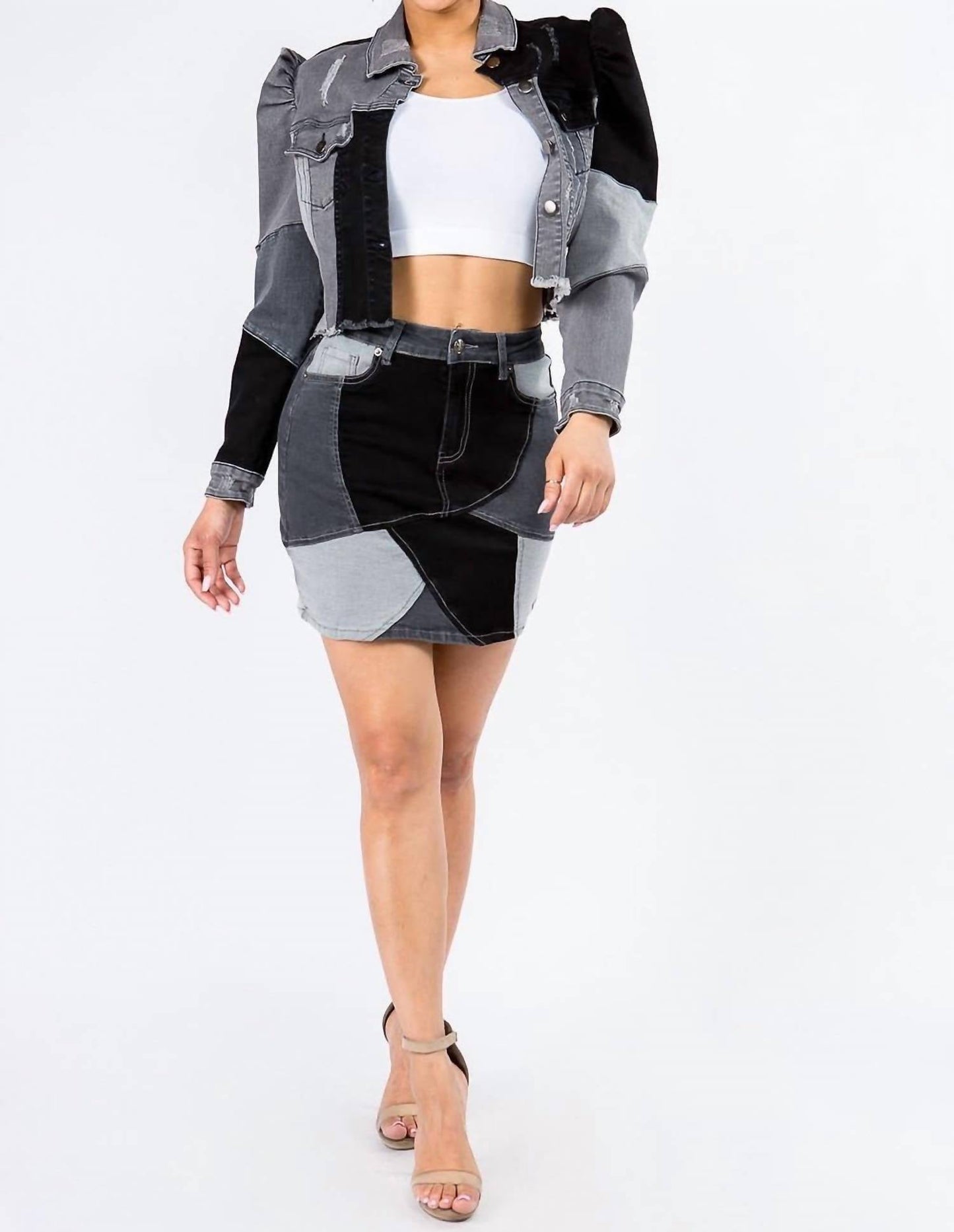 American Bazi - Trendy Cropped Denim Jacket With Puff Sleeves