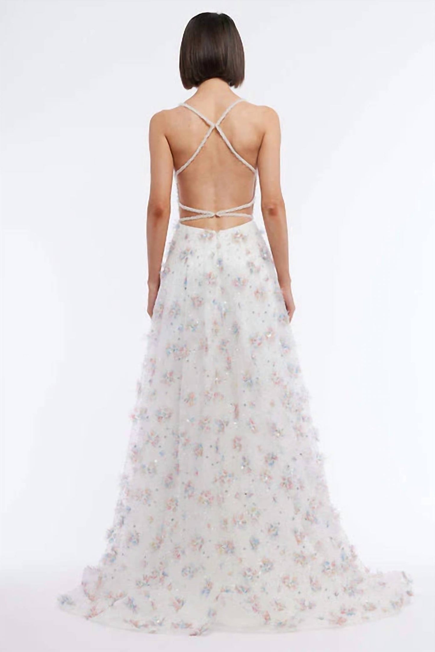 Vienna Prom - Floral Plunging V-neckline A-line Long Gown