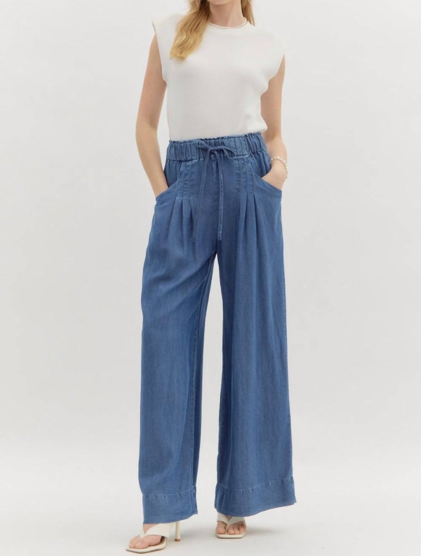 Entro - Pintuck Denim Wide Leg Pants