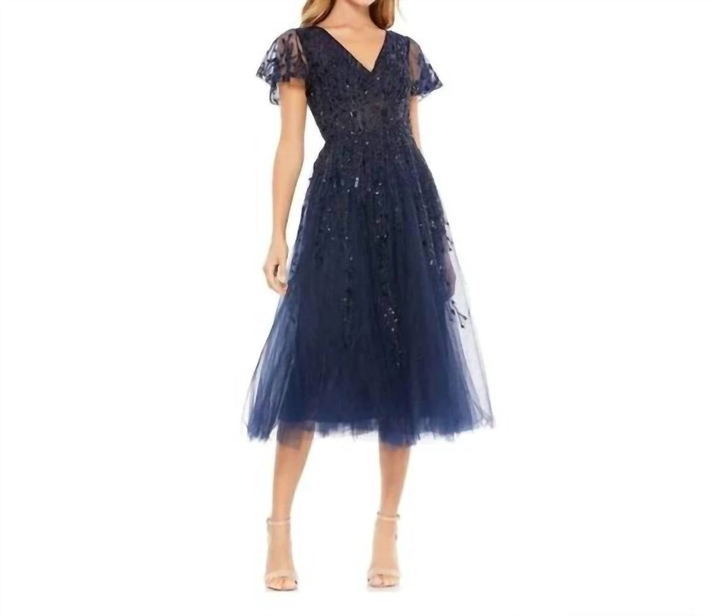 Mac Duggal - Embellished Fluttersleeve Tea Length Dress