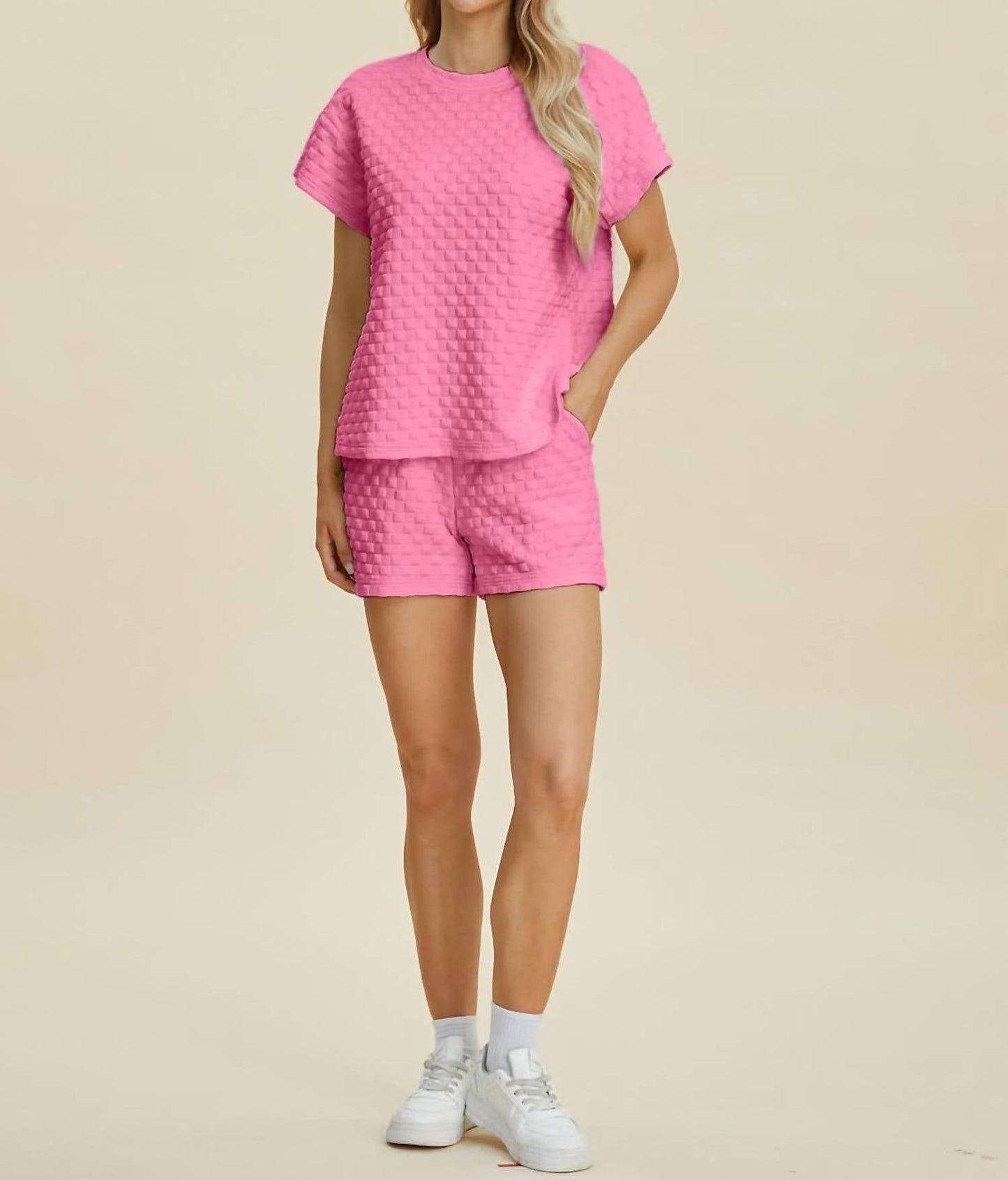 Double Take - Sleek Texture T-Shirt and Shorts Set