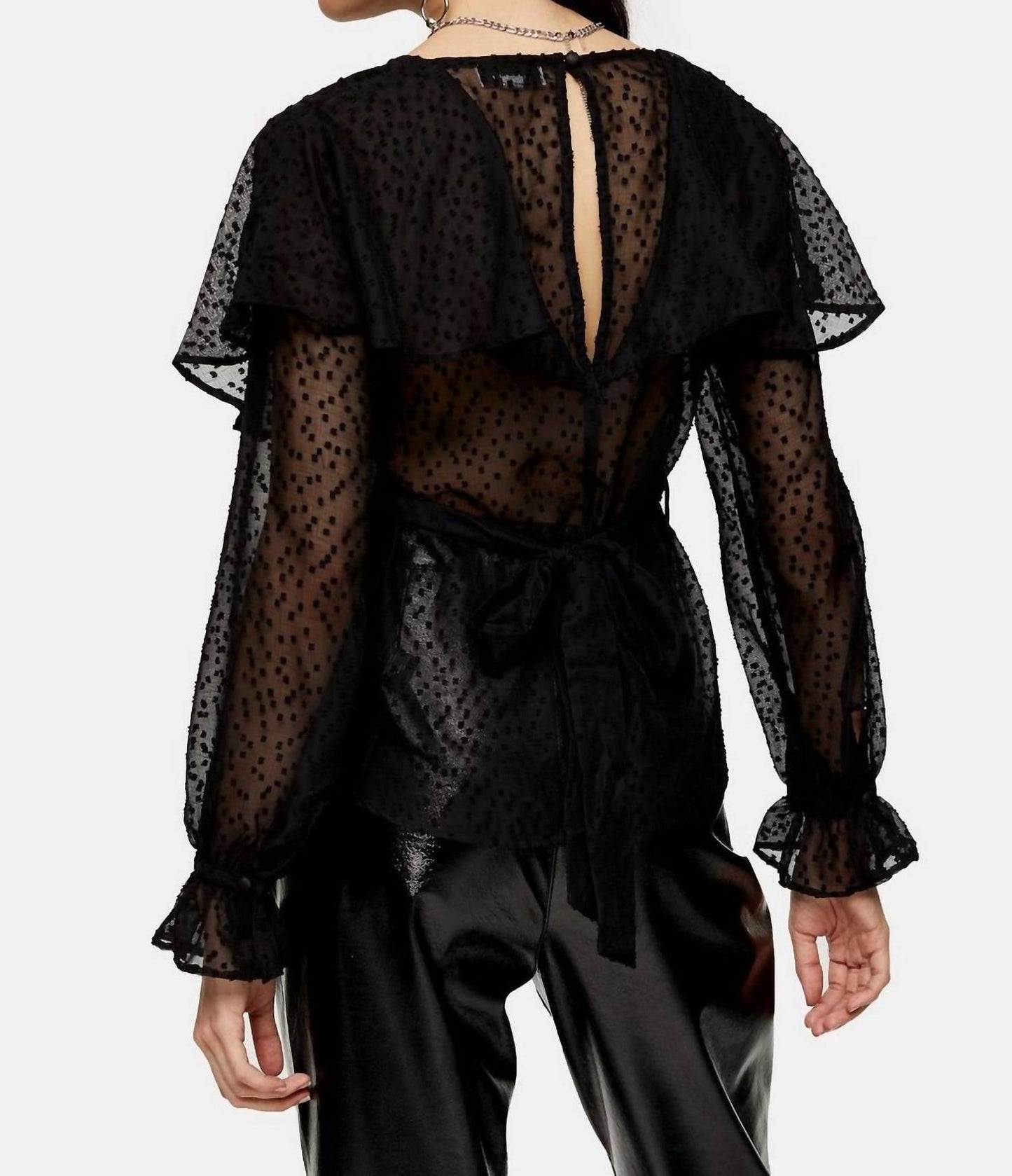 Topshop - Dotted Sheer Chiffon Ruffle Waist Tie Blouse