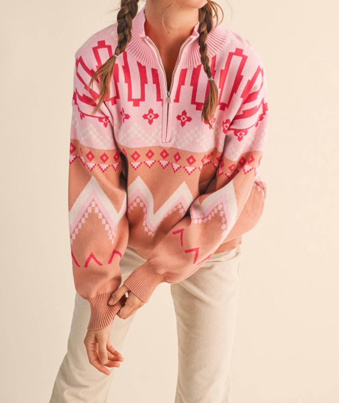 &Merci - Geometric Knit Half Zip Pullover