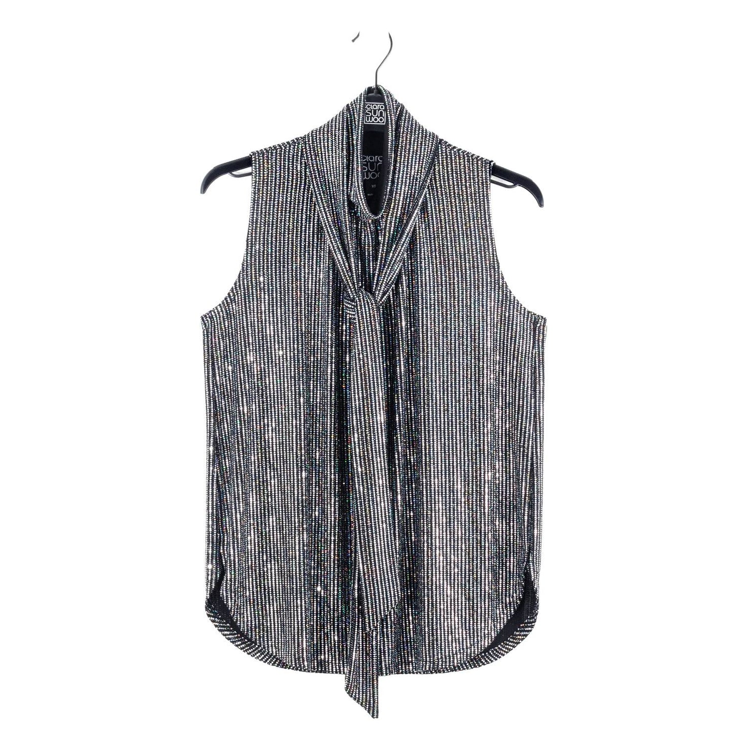 Clara Sun Woo - Shimmer Sequin Mock Neck Tie Top