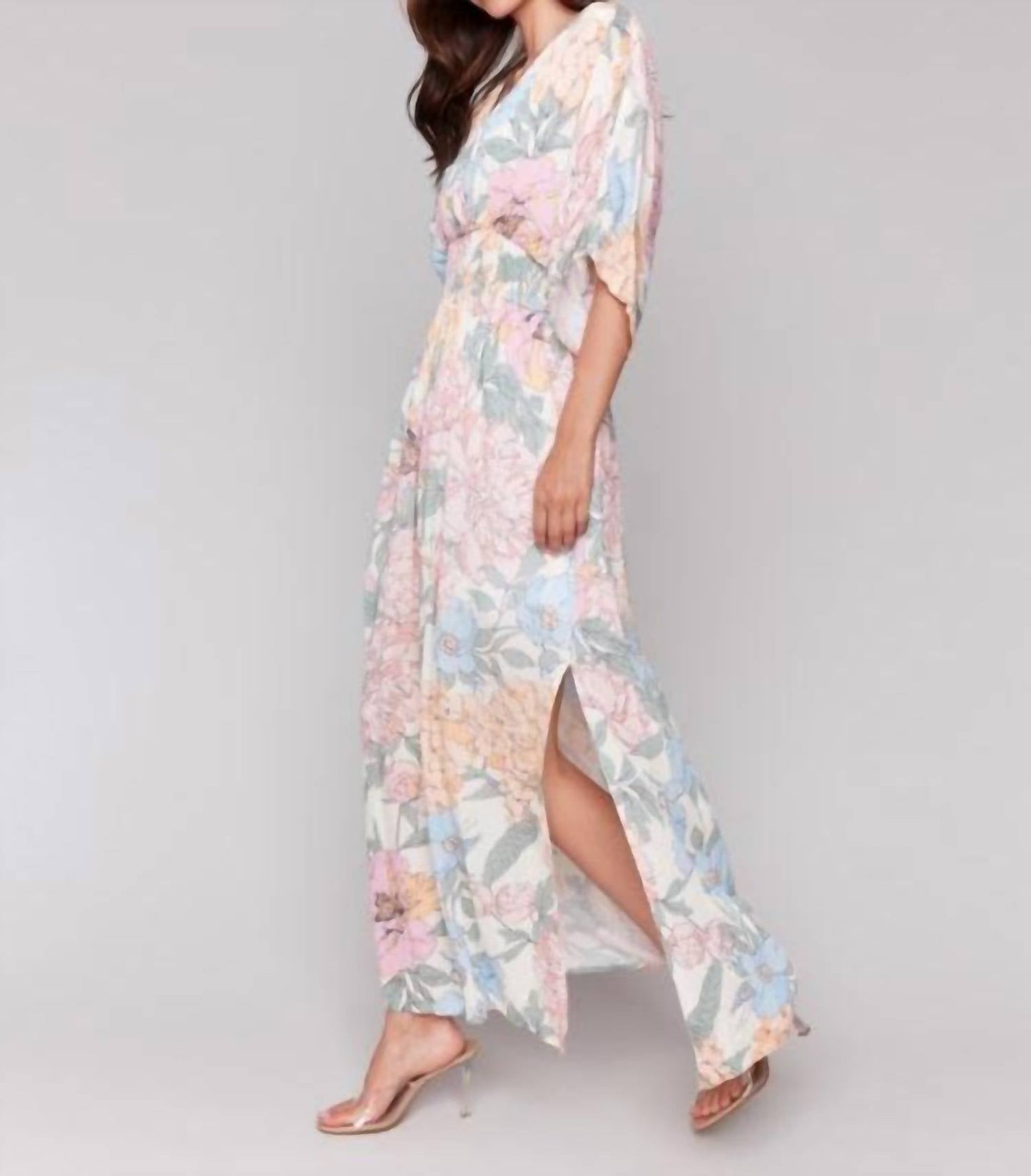 Charlie B - Printed Dolman Sleeve Maxi Dress With Side Slits