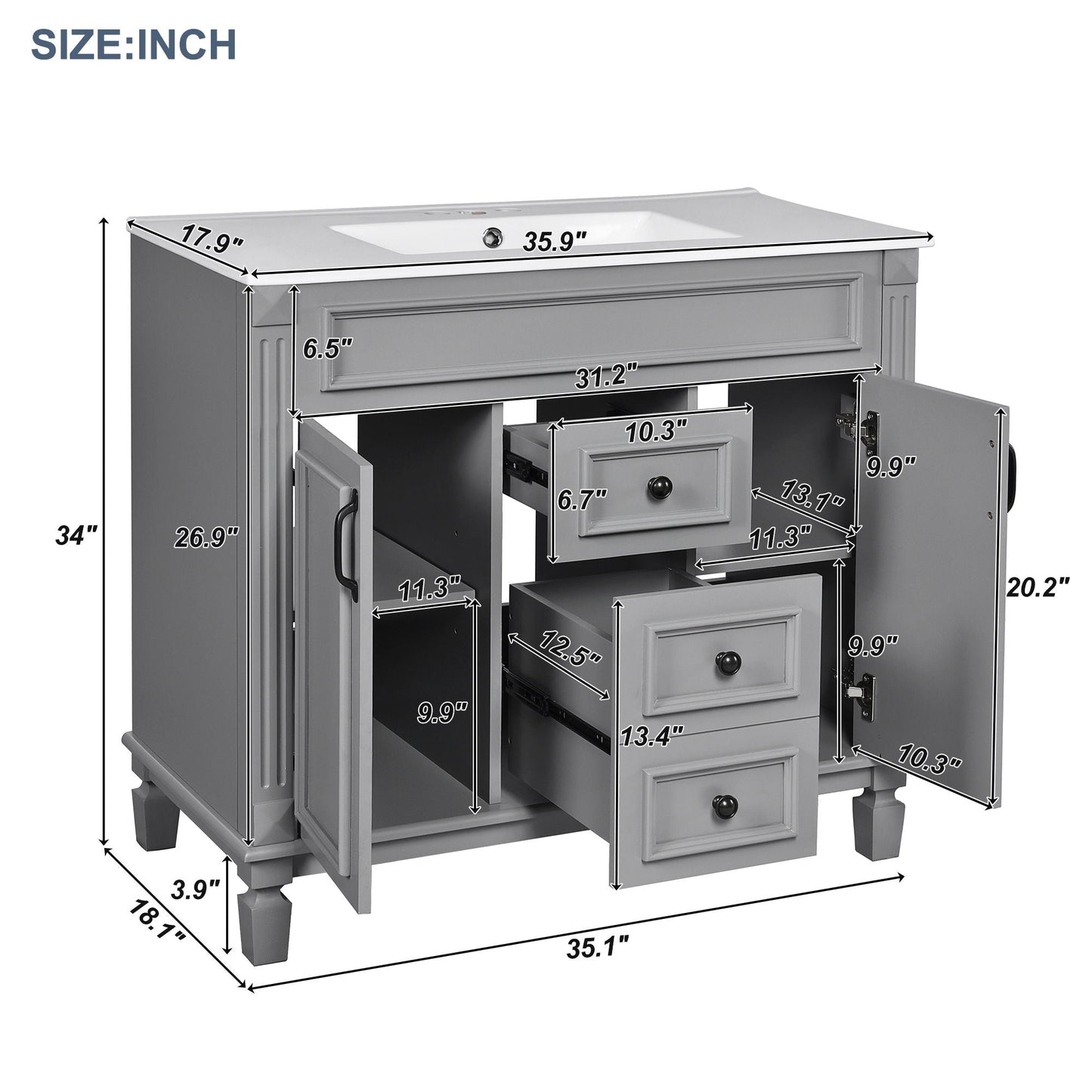 Bathroom Vanity With Top Sink, Basin On Cabinet With 2 Soft Closing Doors And 2 Drawers