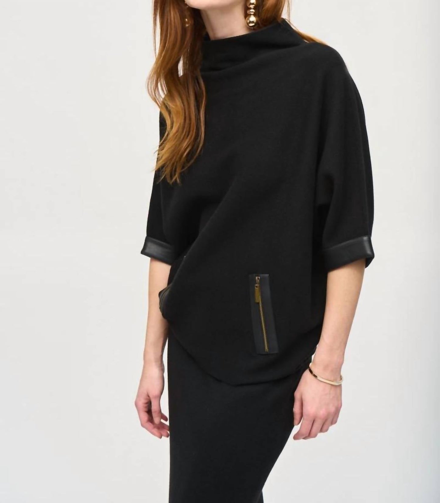Joseph Ribkoff - Faux Leather Trim Funnel Neck Sweater Top