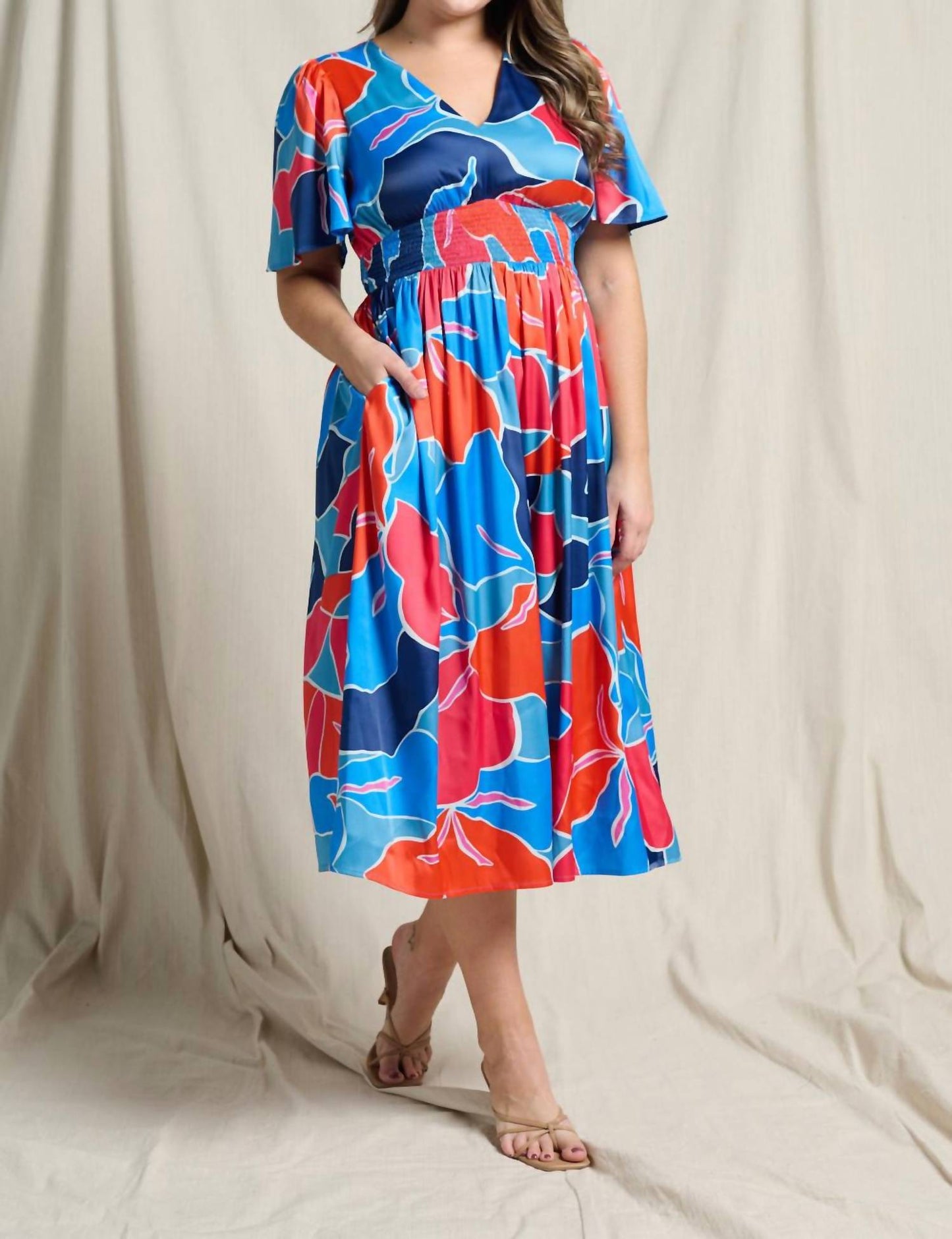 Doe And Rae - Floral V-neck Flutter Short Sleeve Smocked Waist Dress