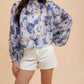 Anniewear - Flower Printed Loose Fit Button Down Volume Blouse